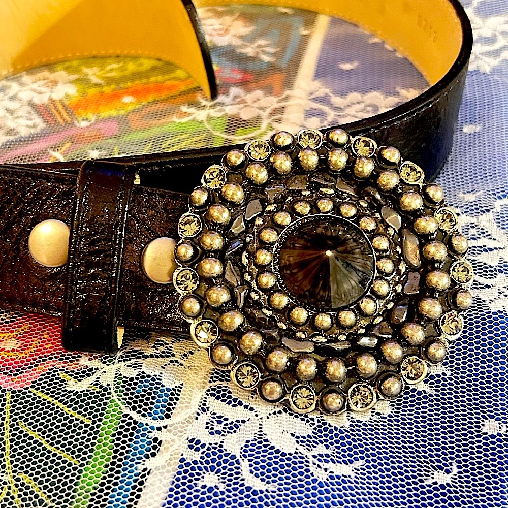 VTG LEATHEROCK Italian Marbled Cabochon Hematite Swarovski Black Leather Belt